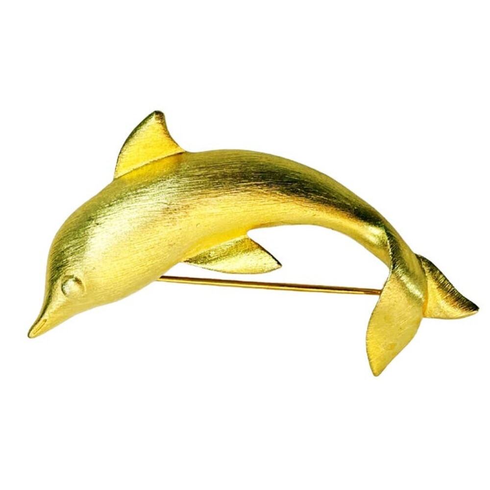 Vintage 90s Brushed Matte Gold Tone Dolphin Signed Darlene Ocean Nature